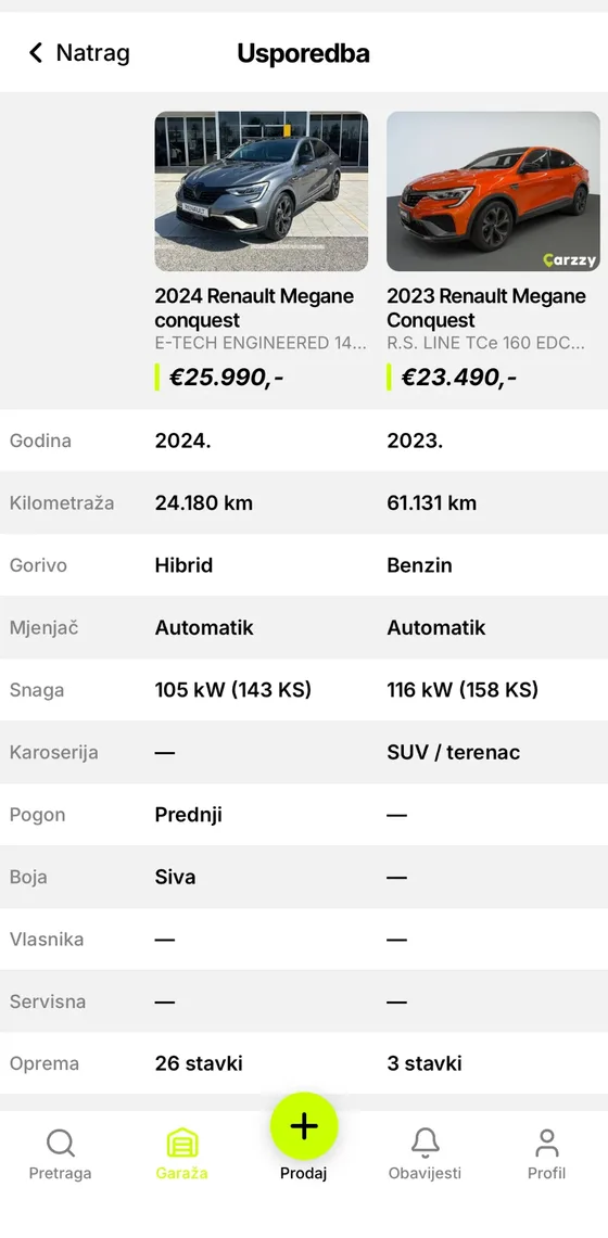 Usporedba dvaju vozila