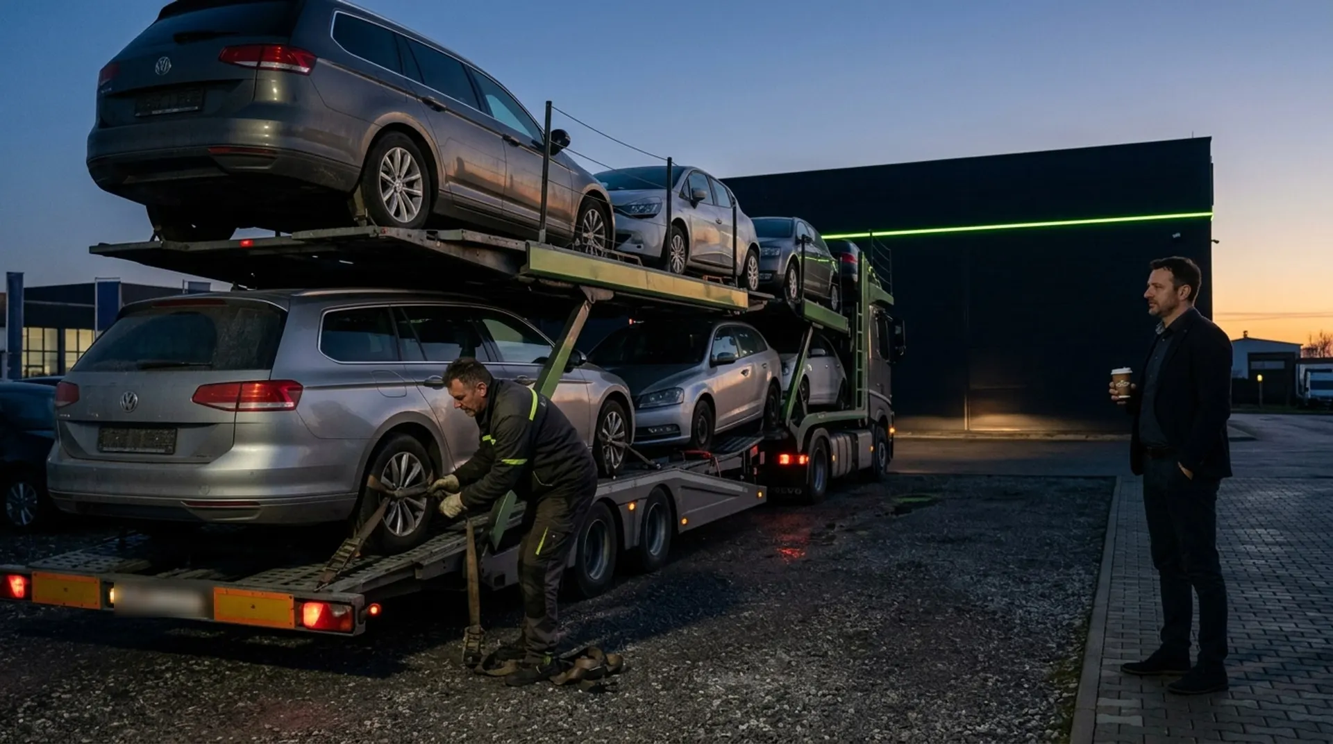 Rano jutro: kamion autotransporter odvozi vozila iz zamjene s parkirališta salona, prodavač s kavom gleda