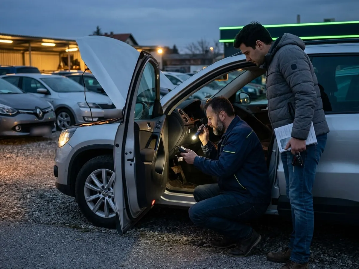 Dva trgovca pregledavaju rabljeni SUV: jedan s dijagnostikom i svjetiljkom u kabini, drugi drži servisnu knjižicu