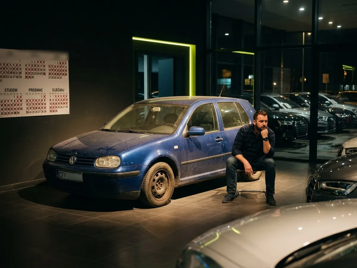Prašnjavo vozilo iz zamjene u kutu salona pod reflektorom, kalendar s prekriženim danima i prodavač koji čeka
