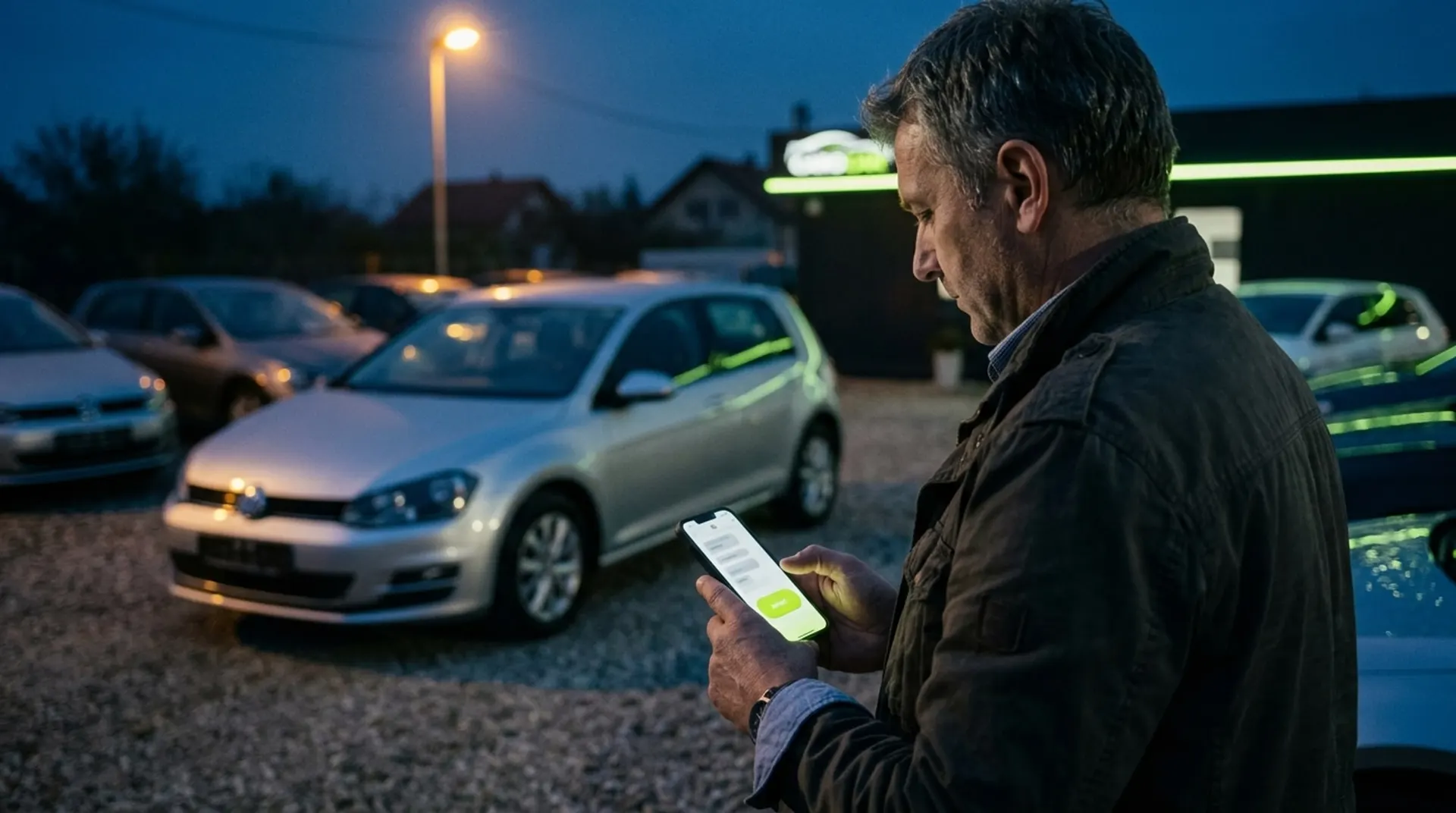Trgovac navečer na parkiralištu salona s mobitelom u ruci odgovara na ponudu za vozilo u pozadini