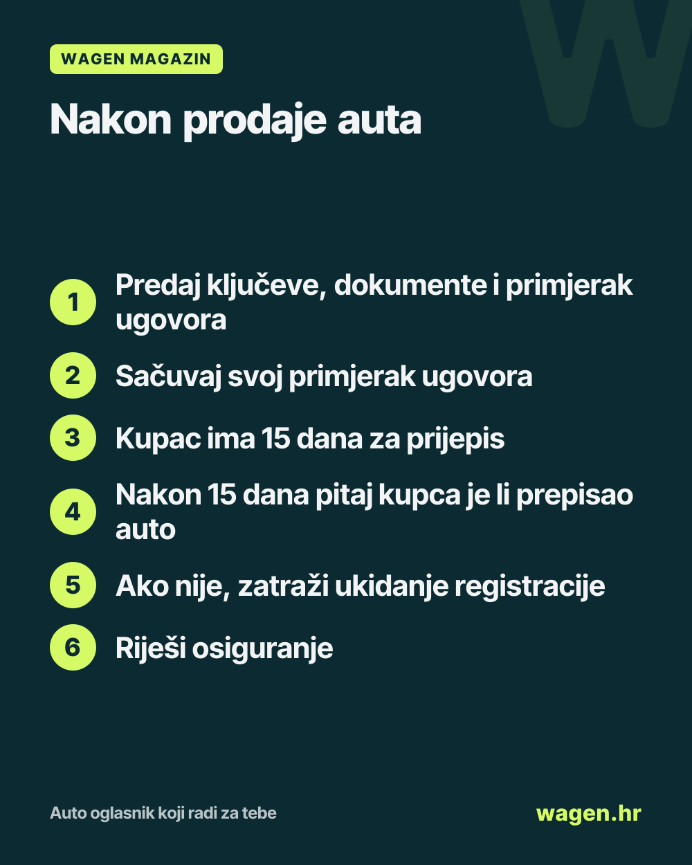 Nakon prodaje auta: Predaj ključeve, dokumente i primjerak ugovora; Sačuvaj svoj primjerak ugovora; Kupac ima 15 dana za prijepis; Nakon 15 dana pitaj kupca je li prepisao auto; Ako nije, zatraži ukidanje registracije; Riješi osiguranje