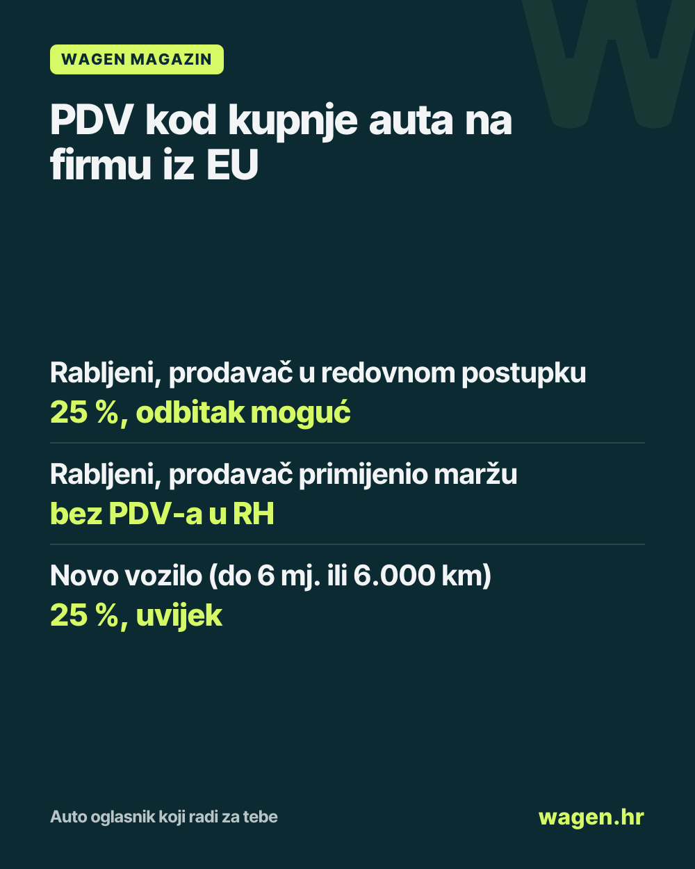 PDV kod kupnje auta na firmu iz EU: Rabljeni, prodavač u redovnom postupku 25 %, odbitak moguć; Rabljeni, prodavač primijenio maržu bez PDV-a u RH; Novo vozilo (do 6 mj. ili 6.000 km) 25 %, uvijek
