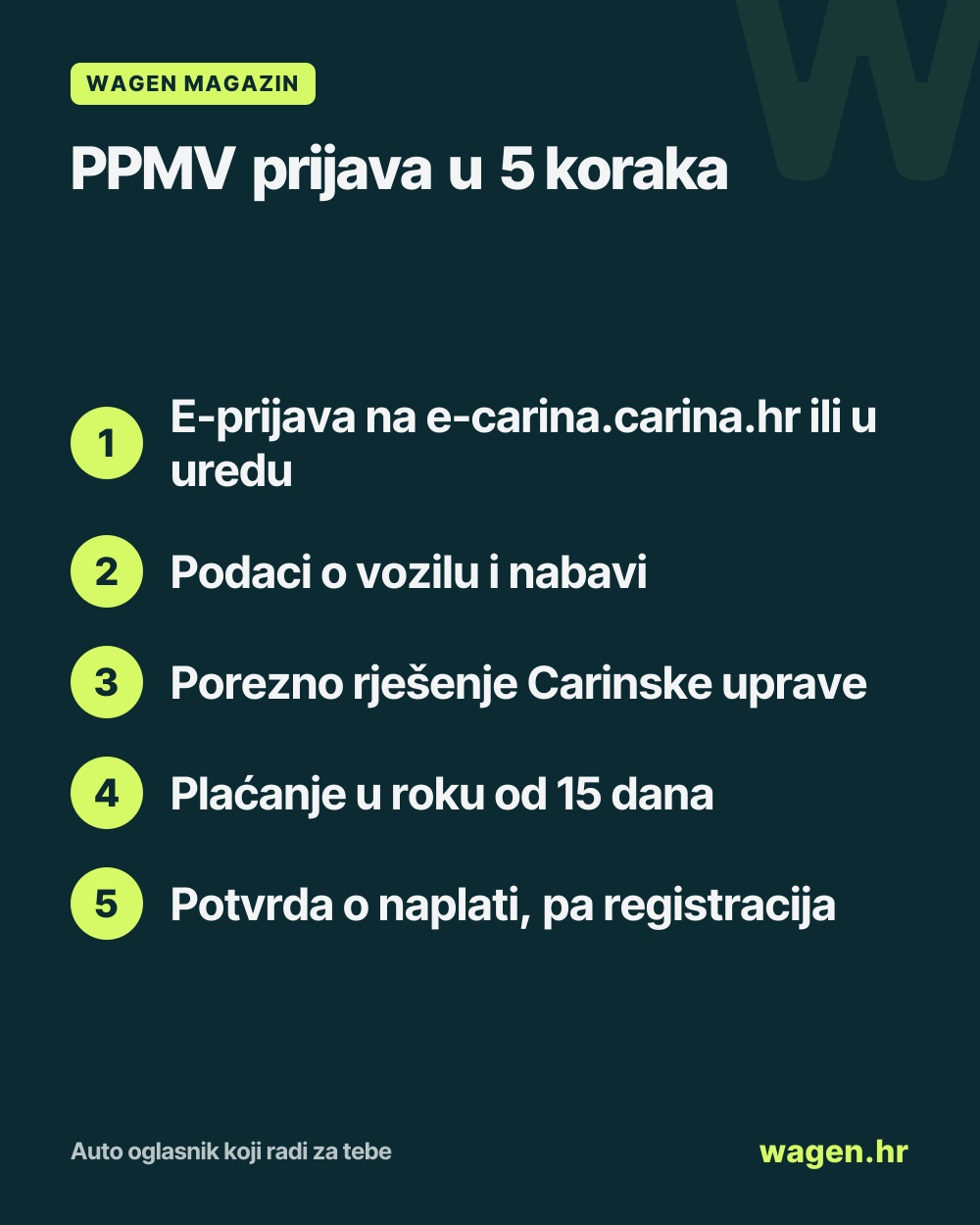 PPMV prijava u 5 koraka: E-prijava na e-carina.carina.hr ili u uredu; Podaci o vozilu i nabavi; Porezno rješenje Carinske uprave; Plaćanje u roku od 15 dana; Potvrda o naplati, pa registracija