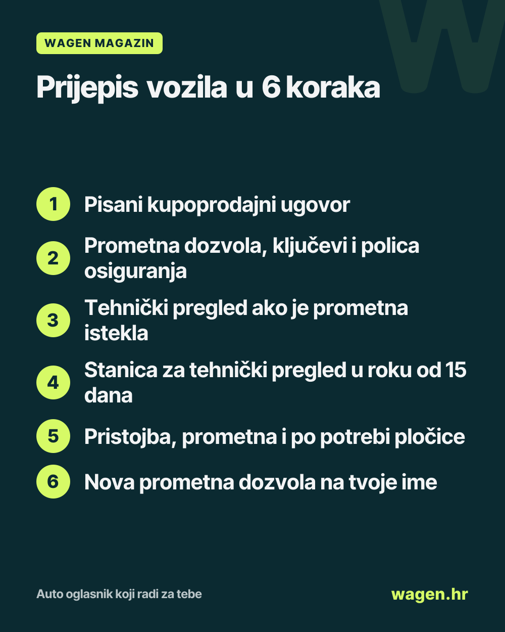 Prijepis vozila u 6 koraka: Pisani kupoprodajni ugovor; Prometna dozvola, ključevi i polica osiguranja; Tehnički pregled ako je prometna istekla; Stanica za tehnički pregled u roku od 15 dana; Pristojba, prometna i po potrebi pločice; Nova prometna dozvola na tvoje ime